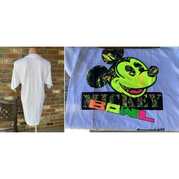 L NOS 90s Single Stitch Mickey Mouse Bowling T-shirt Brunswick Vintage white - Picture 2 of 3